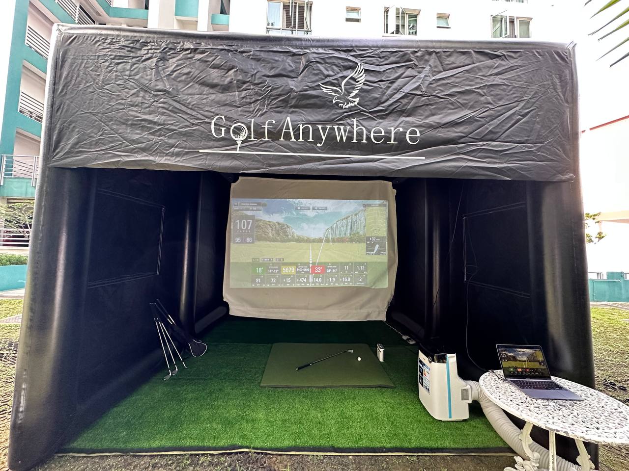 Golf Anywhere branded inflatable marquee tent, full front view